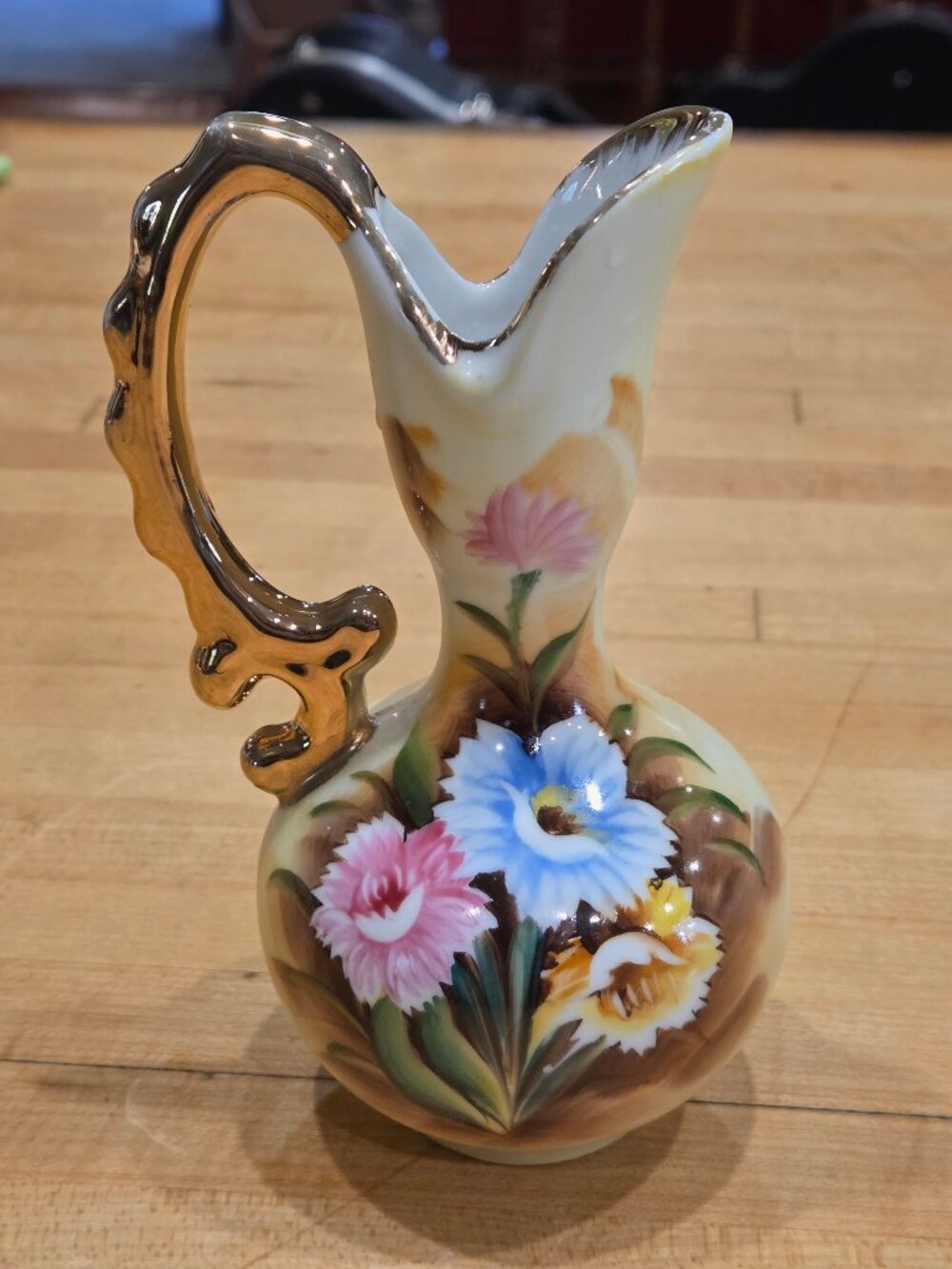 Vintage Lefton China Miniature Floral Ewer Pitcher Gold Handle E1348